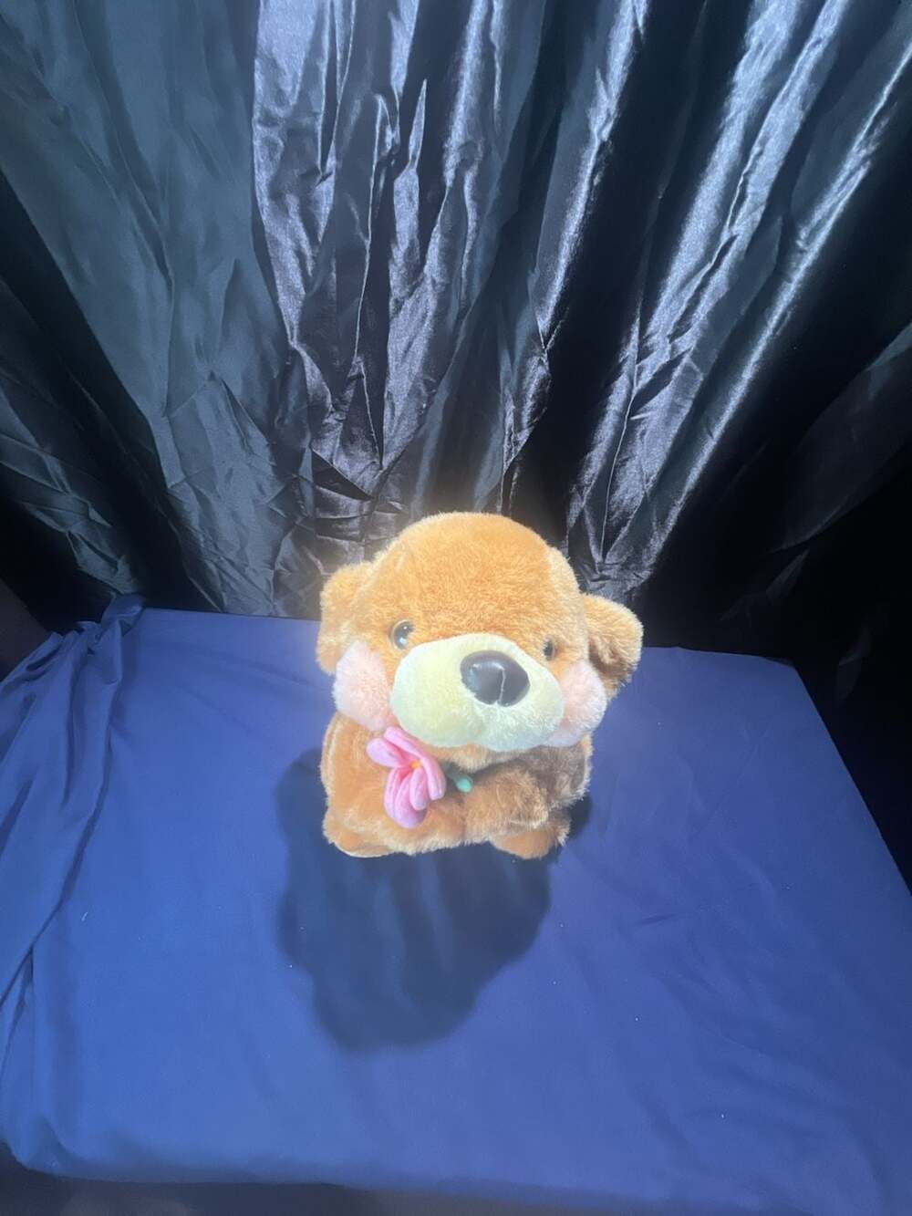 Commonwealth Brushcreek Creat Tan Puppy Dog Plush w Pink Flower & Chubby Cheeks